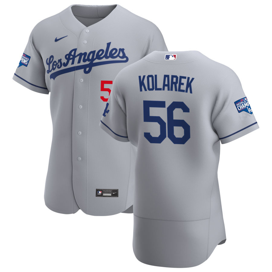 Los Angeles Dodgers 56 Adam Kolarek Men Nike Gray Road 2020 World Series Champions Authentic Team MLB Jersey
